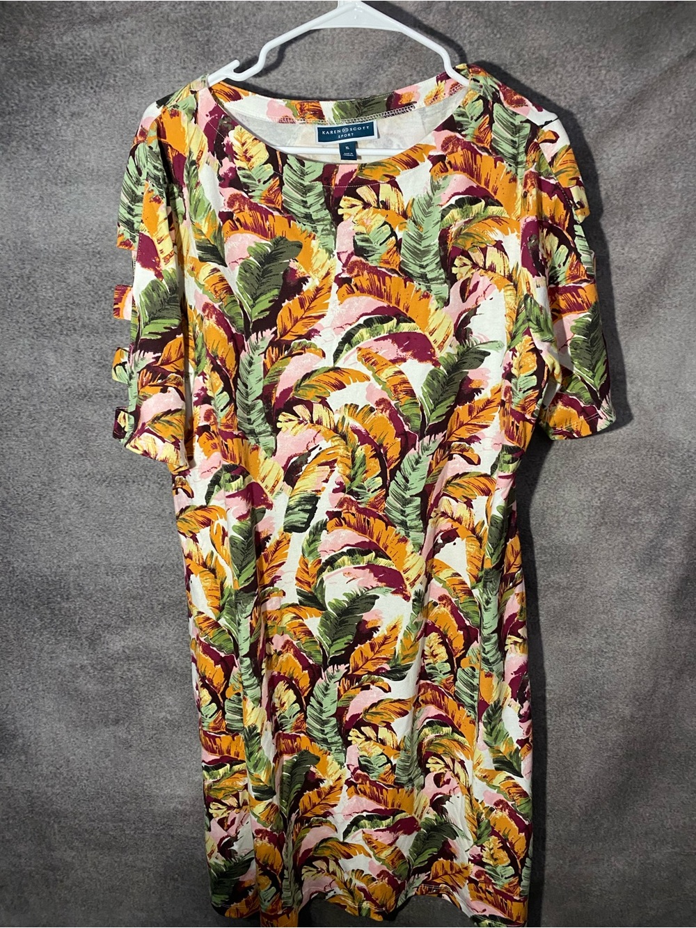 Karen Scott Sport Women XL Tropical Palm Leaf T-Shirt Dress Short Sleeve Cutout